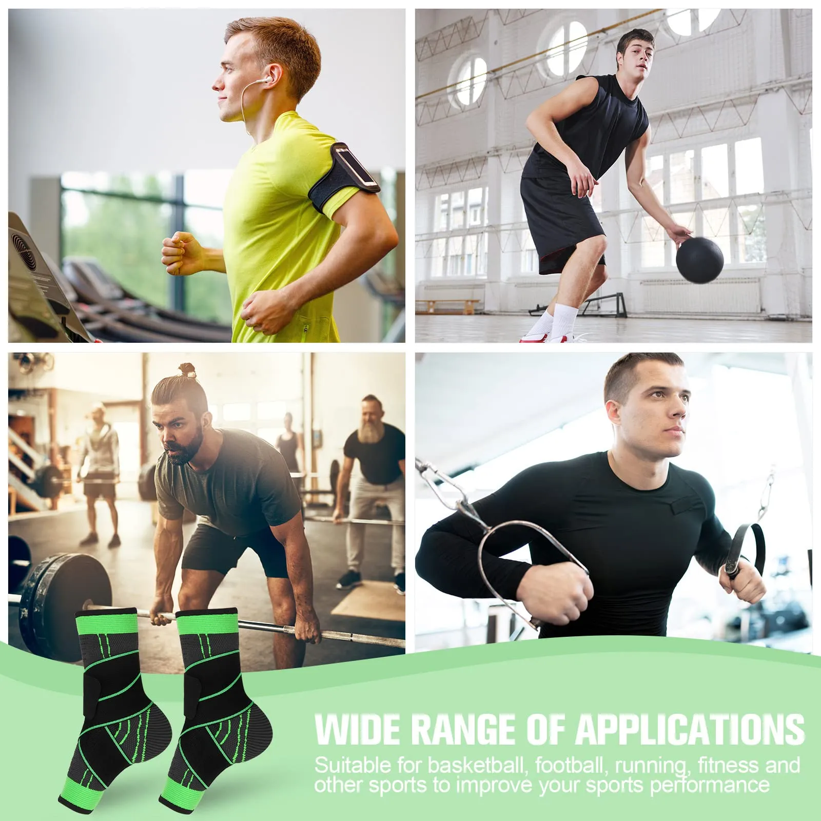 4 Pieces Adjustable Ankle Sport Wrap Elastic Ankle Compression Sleeve Foot Brace Ankle Support for Men Women Ankle Wrap Heel Brace Socks for Football Volleyball Running Protection Green Black(L)
