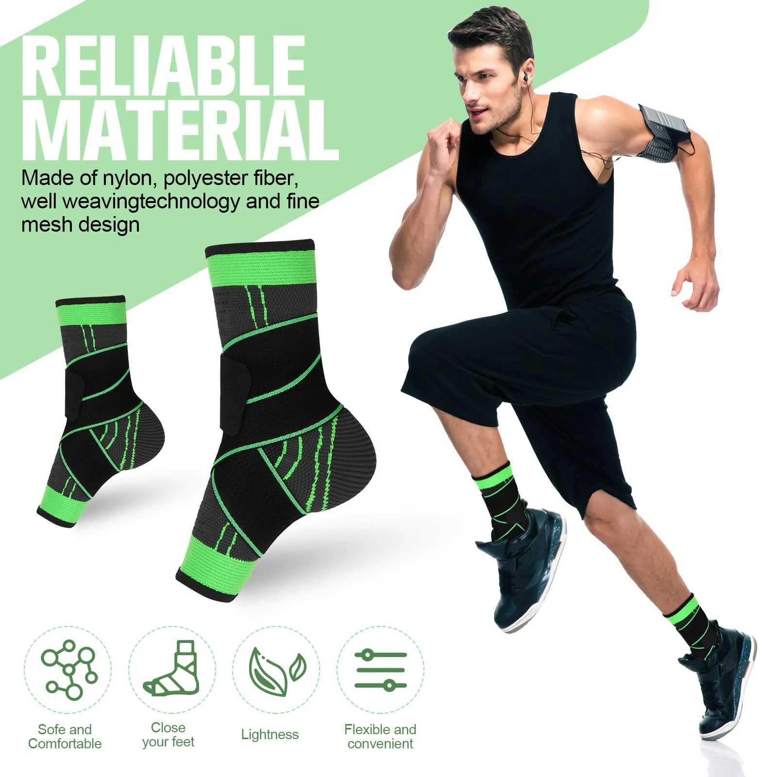 4 Pieces Adjustable Ankle Sport Wrap Elastic Ankle Compression Sleeve Foot Brace Ankle Support for Men Women Ankle Wrap Heel Brace Socks for Football Volleyball Running Protection Green Black(L)