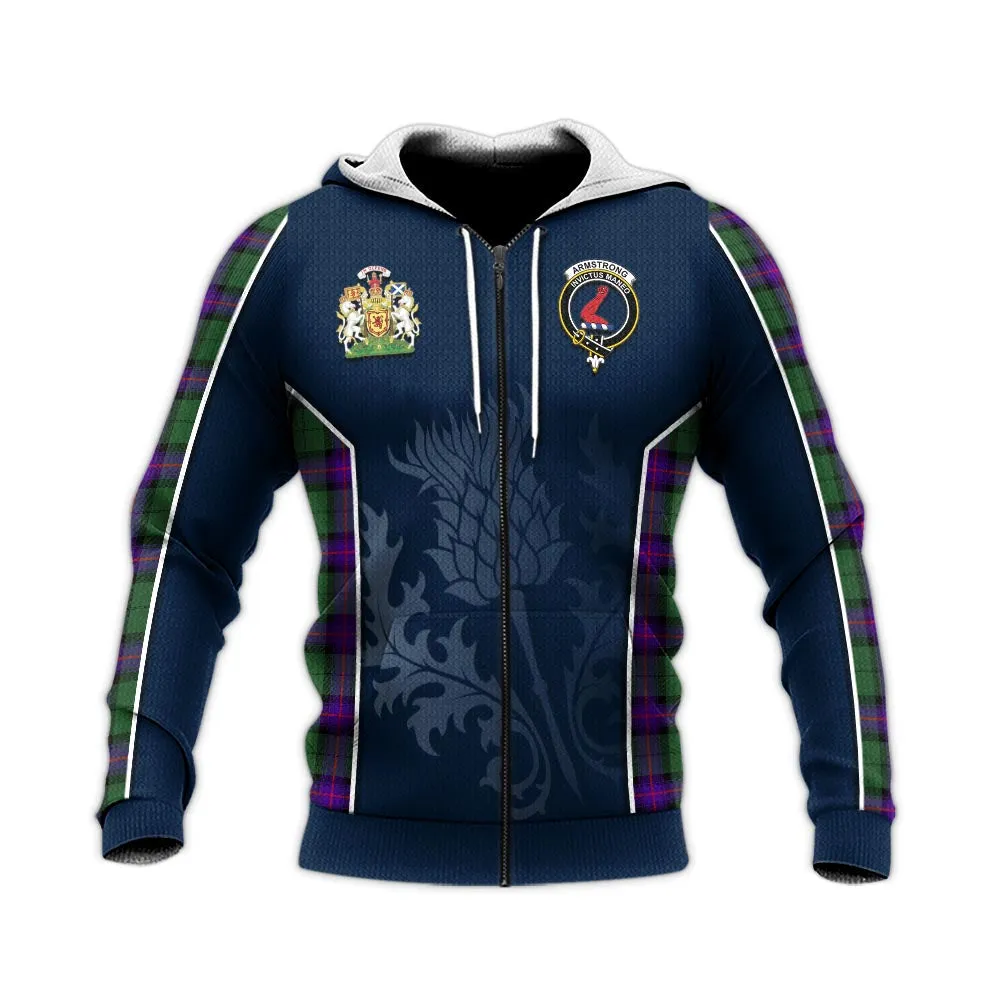 Armstrong Modern Tartan Knitted Hoodie with Family Crest and Scottish Thistle Vibes Sport Style