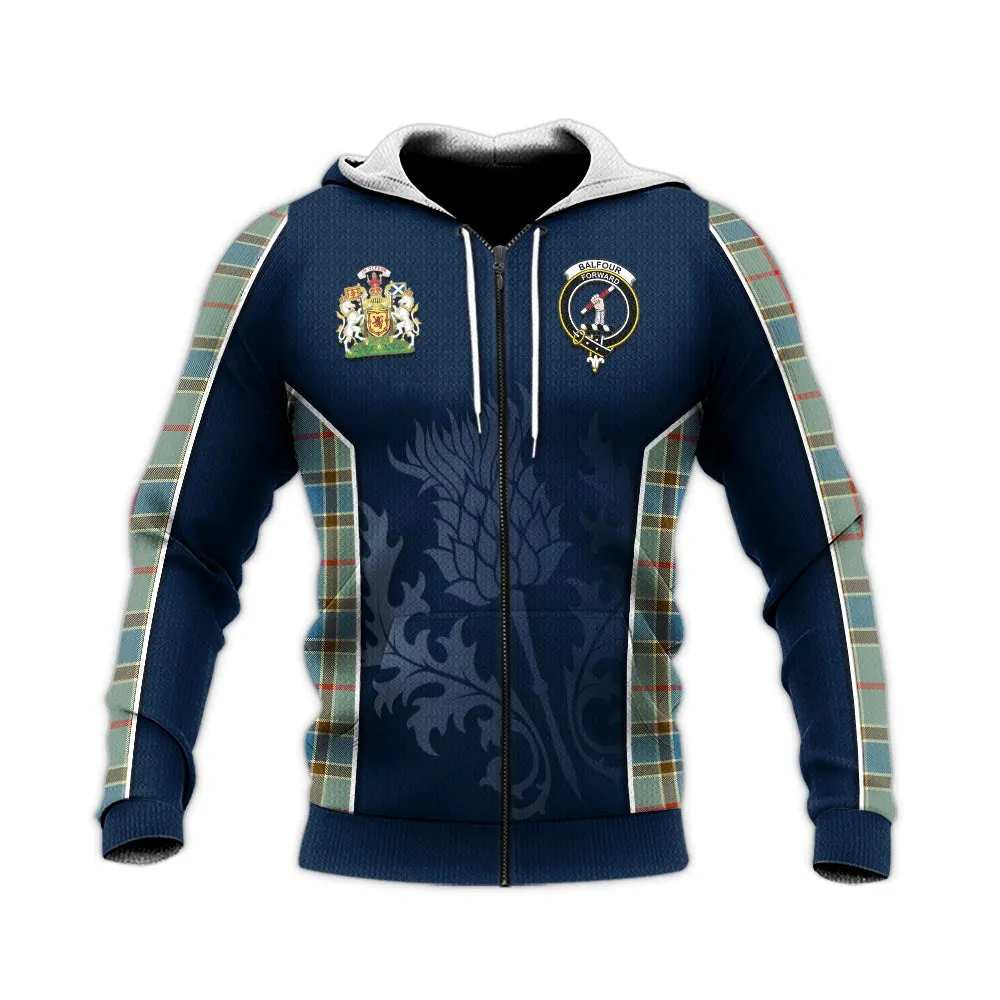 Balfour Blue Tartan Knitted Hoodie with Family Crest and Scottish Thistle Vibes Sport Style