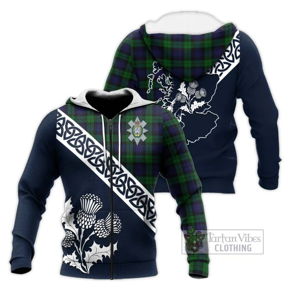 Black Watch Tartan Knitted Hoodie Featuring Thistle and Scotland Map
