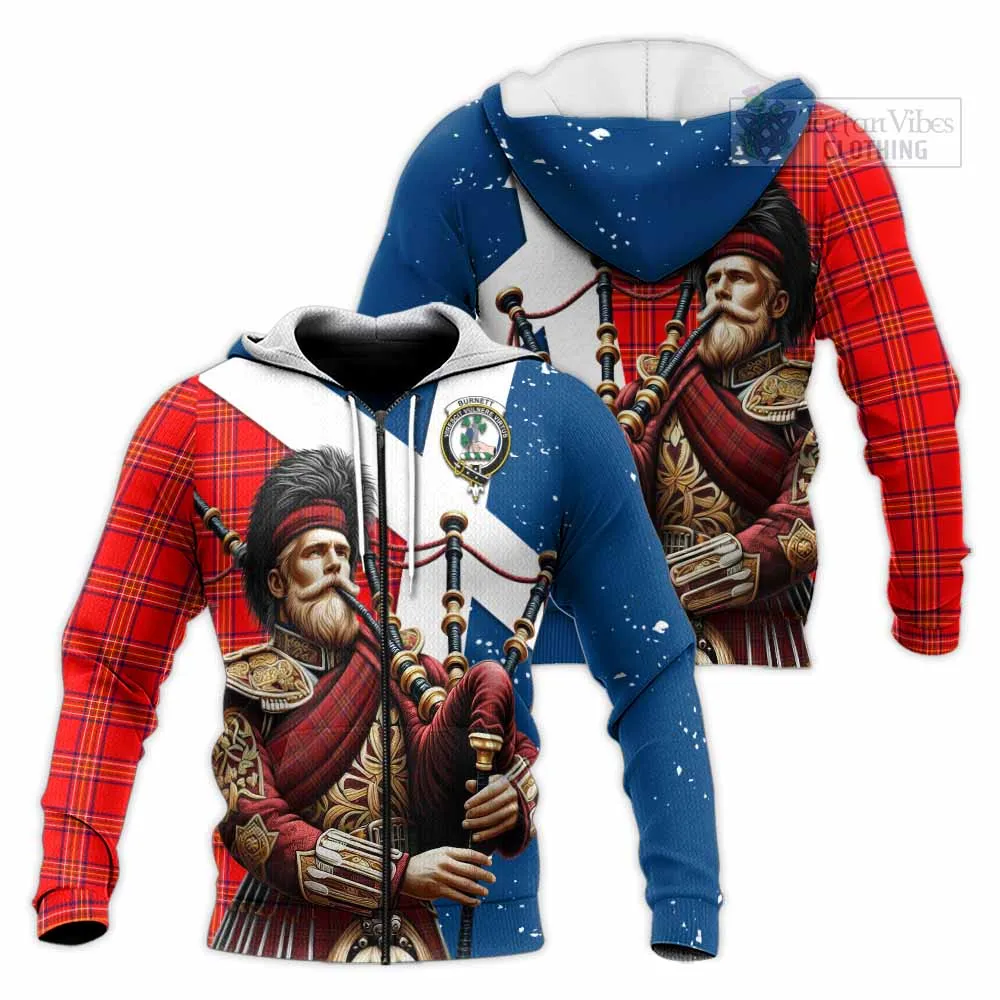 Burnett Tartan Knitted Hoodie with Family Crest Scottish Bagpiper Vibes