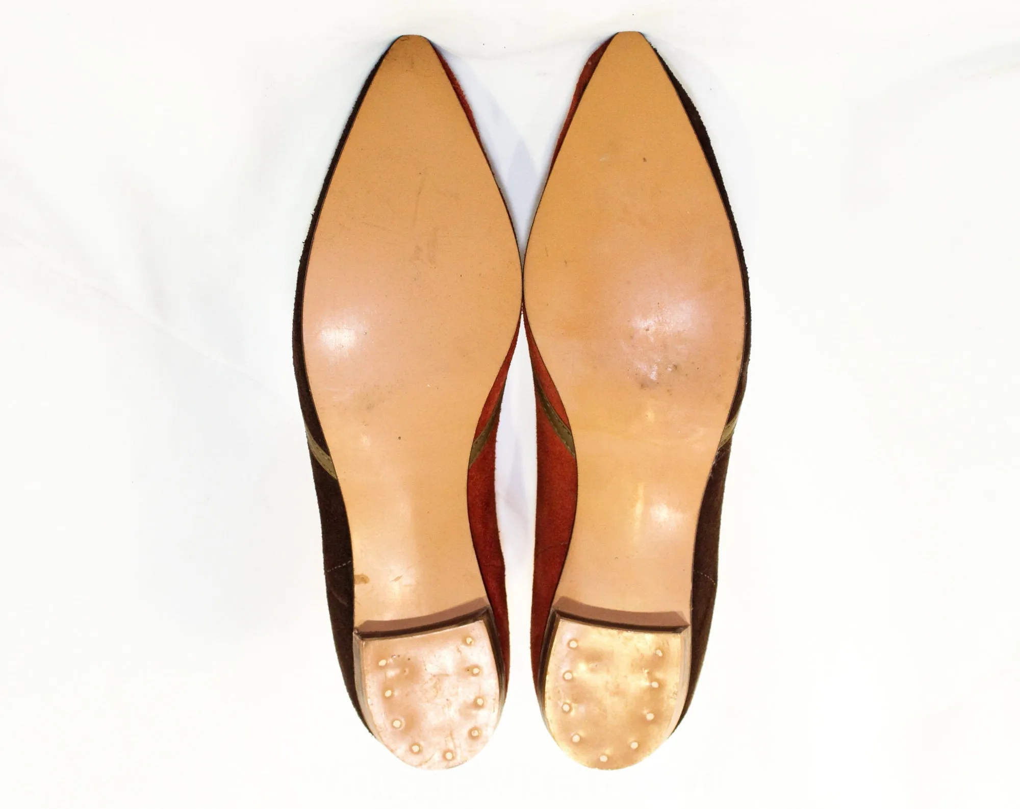 Size 7.5 1960s Brown Shoes - Unworn Two-Tone Sueded Leather Flats - Early 60s Burnt Orange & Chocolate Brown - 7 1/2 Narrow - 60s Deadstock