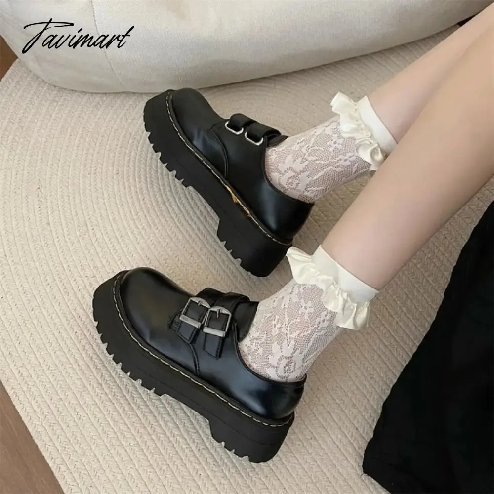 Tavimart Thick sole single shoe women's genuine leather round toe raised small leather shoes