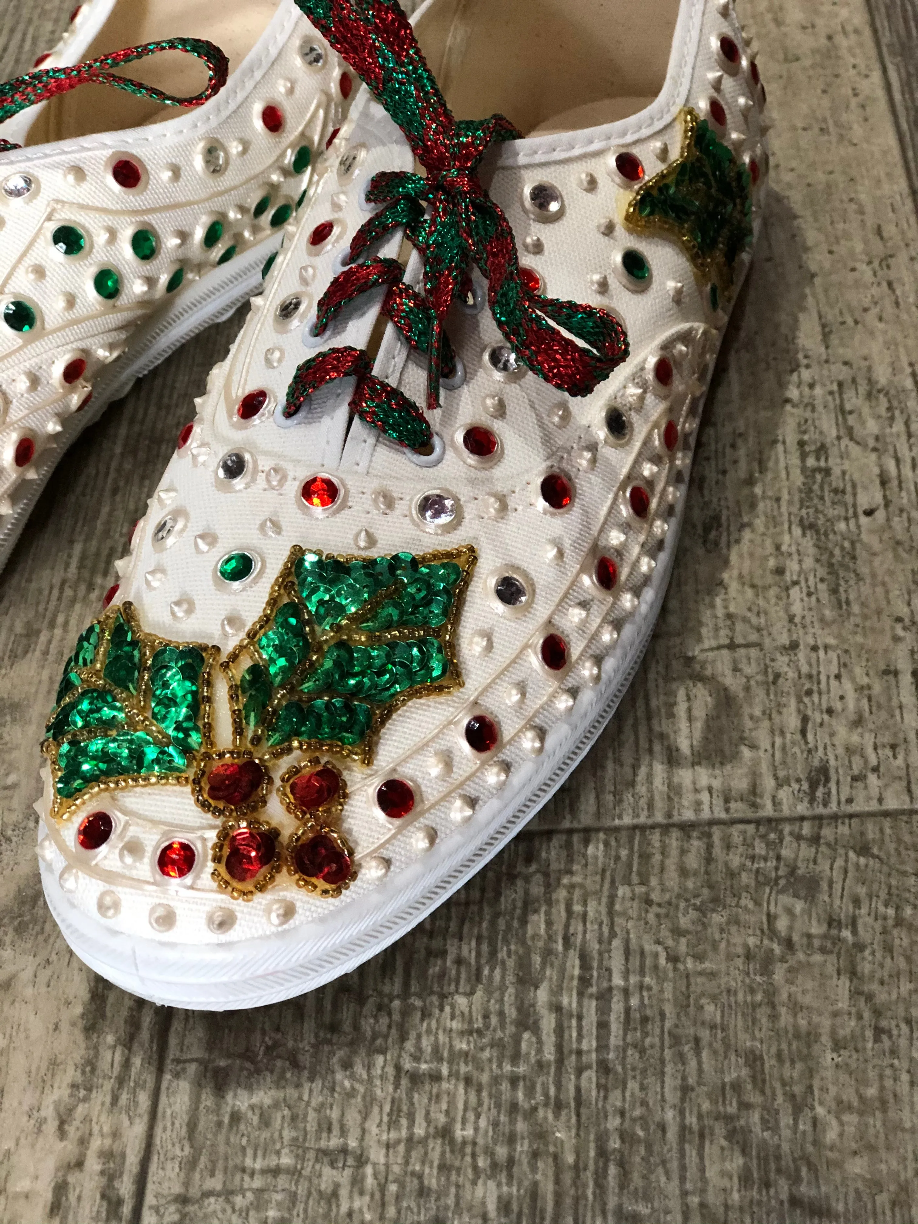 Vintage 80s Sequin Bedazzled Lace Up Christmas Sneakers Size 10